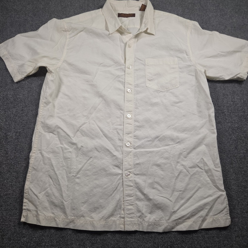 Tori Richard Shirt Mens XL Cream Silk Cotton Jacquard Geometric Short Sleeve